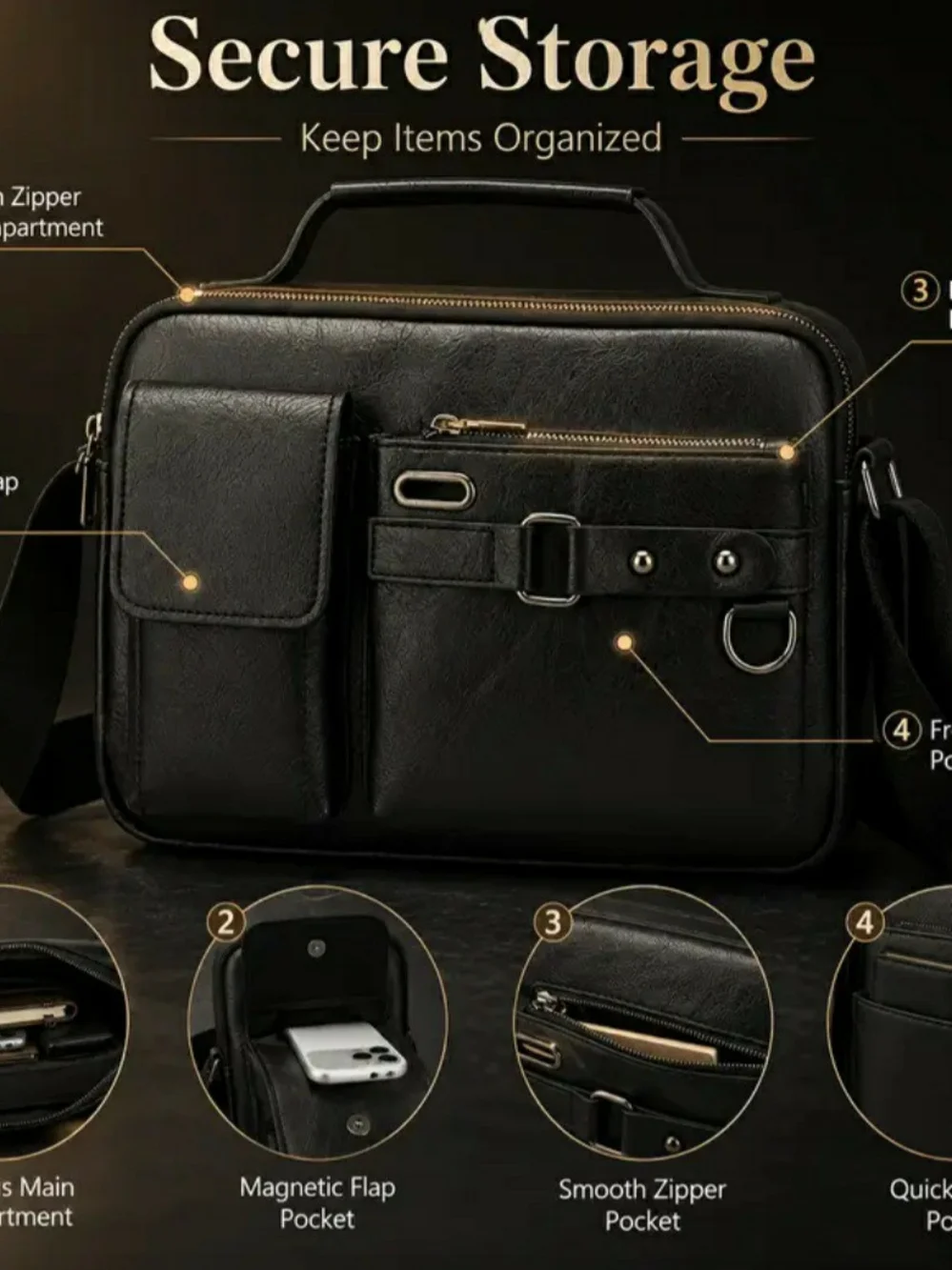 Black Men's Crossbody Briefcase Bag - Minimalist Urban Organizer